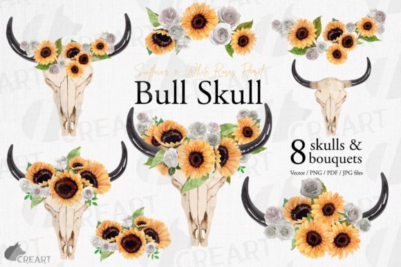 Elevating Designs with Sunflowers White Roses Bull Skull Art